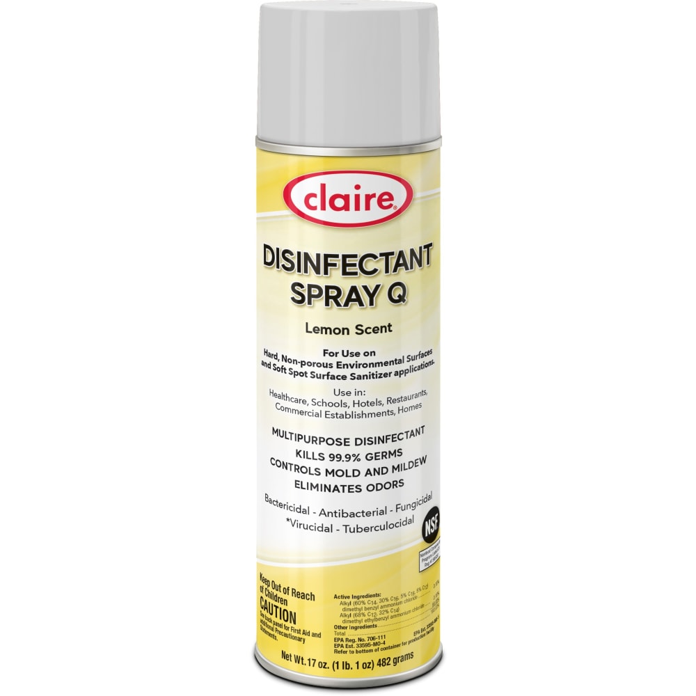 Claire Multipurpose Disinfectant Spray - Ready-To-Use Spray - 17 fl oz (0.5 quart) - Lemon Scent - 12 / Carton - Yellow