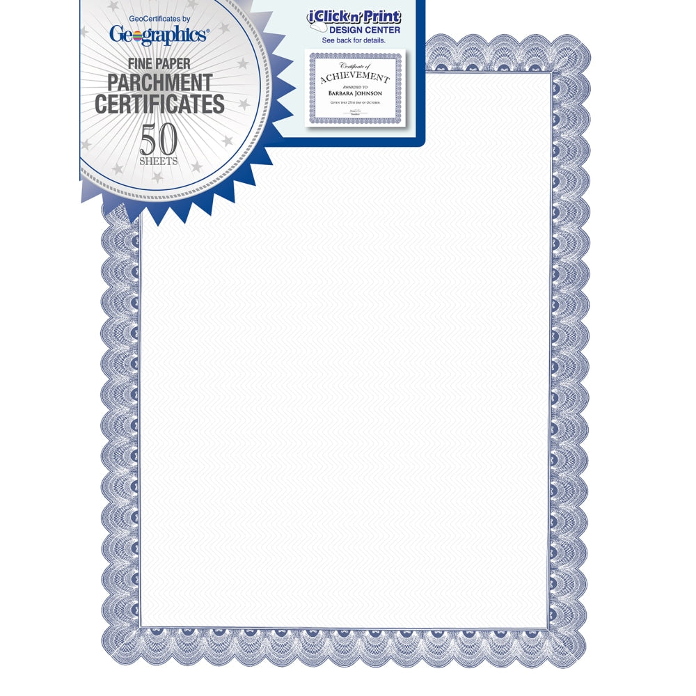 Geographics Parchment Certificates, 8-1/2in x 11in, Conventional Blue, Pack Of 50