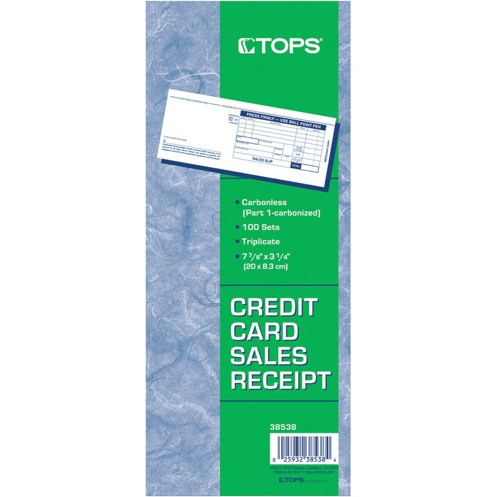 TOPS Credit Card Sales Slip Forms - 15 lb - 3 Part - Carbonless Copy - 3 1/4in x 7 7/8in Sheet Size - White Sheet(s) - Blue Print Color - Paper - 100 / Pack