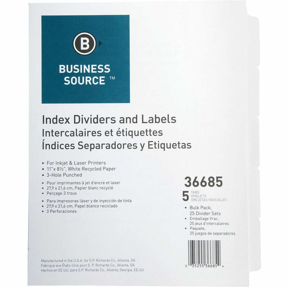 Business Source Punched Laser Index Dividers - 5 Blank Tab(s) - 8.5in Divider Width x 11in Divider Length - Letter - 3 Hole Punched - White Paper Divider - White Tab(s) - Recycled - Mylar Reinforcement, Reinforced, Punched - 25 / Box