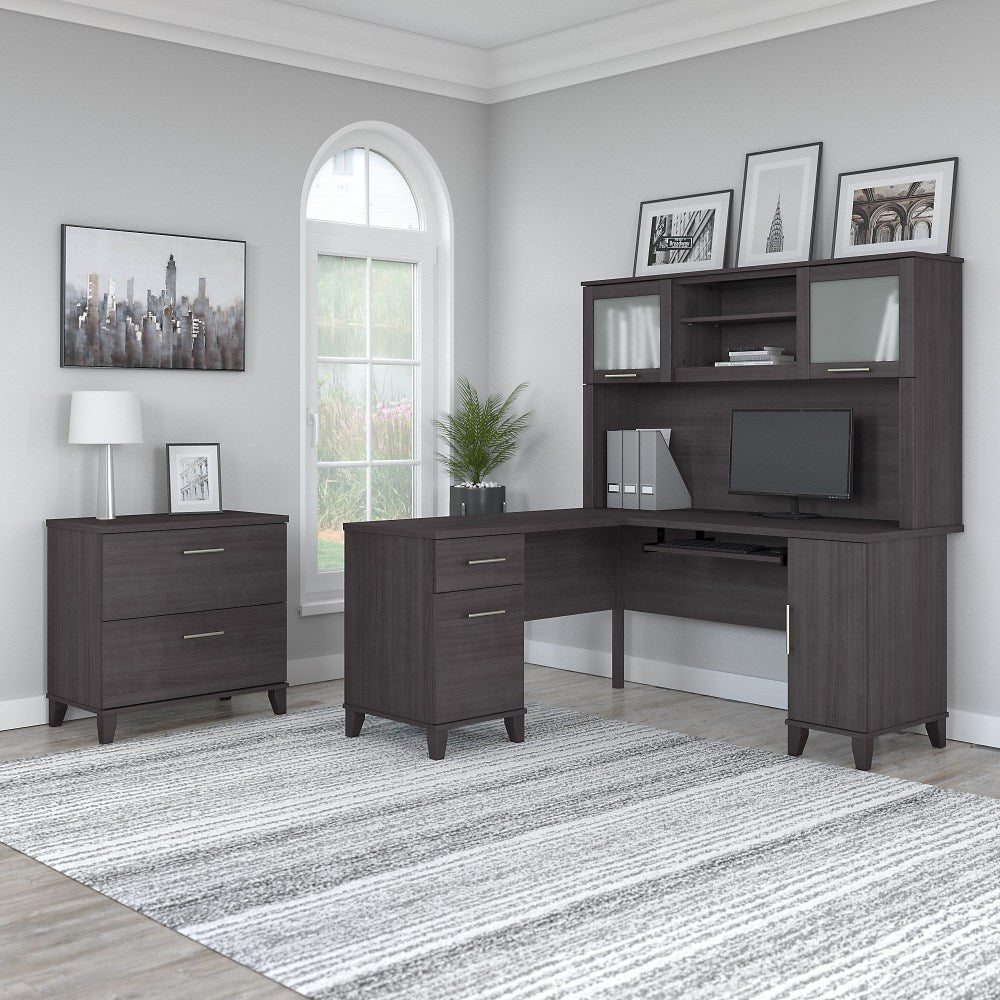 Bush Business Furniture Somerset 60inW L-Shaped Corner Desk With Hutch And Lateral File Cabinet, Storm Gray, Standard Delivery