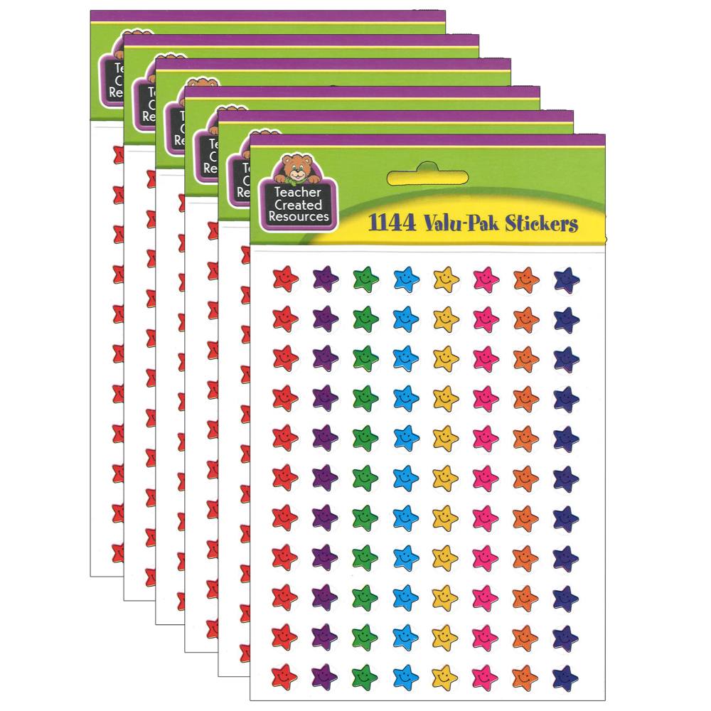 Teacher Created Resources Mini Stickers, 3/8in, Smiley Stars, 1,144 Stickers Per Pack, Set Of 6 Packs