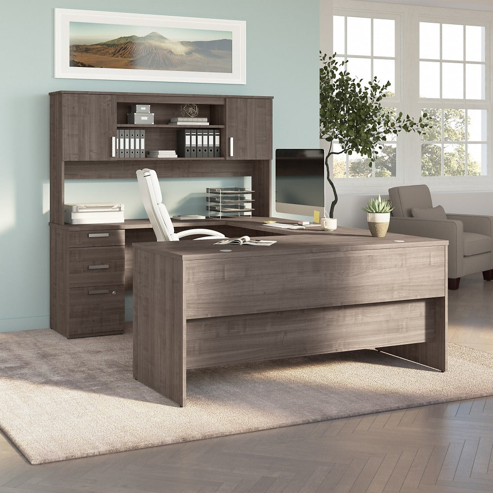 Bestar Ridgeley 65inW U-Shaped Computer Desk With Hutch, Medium Gray Maple