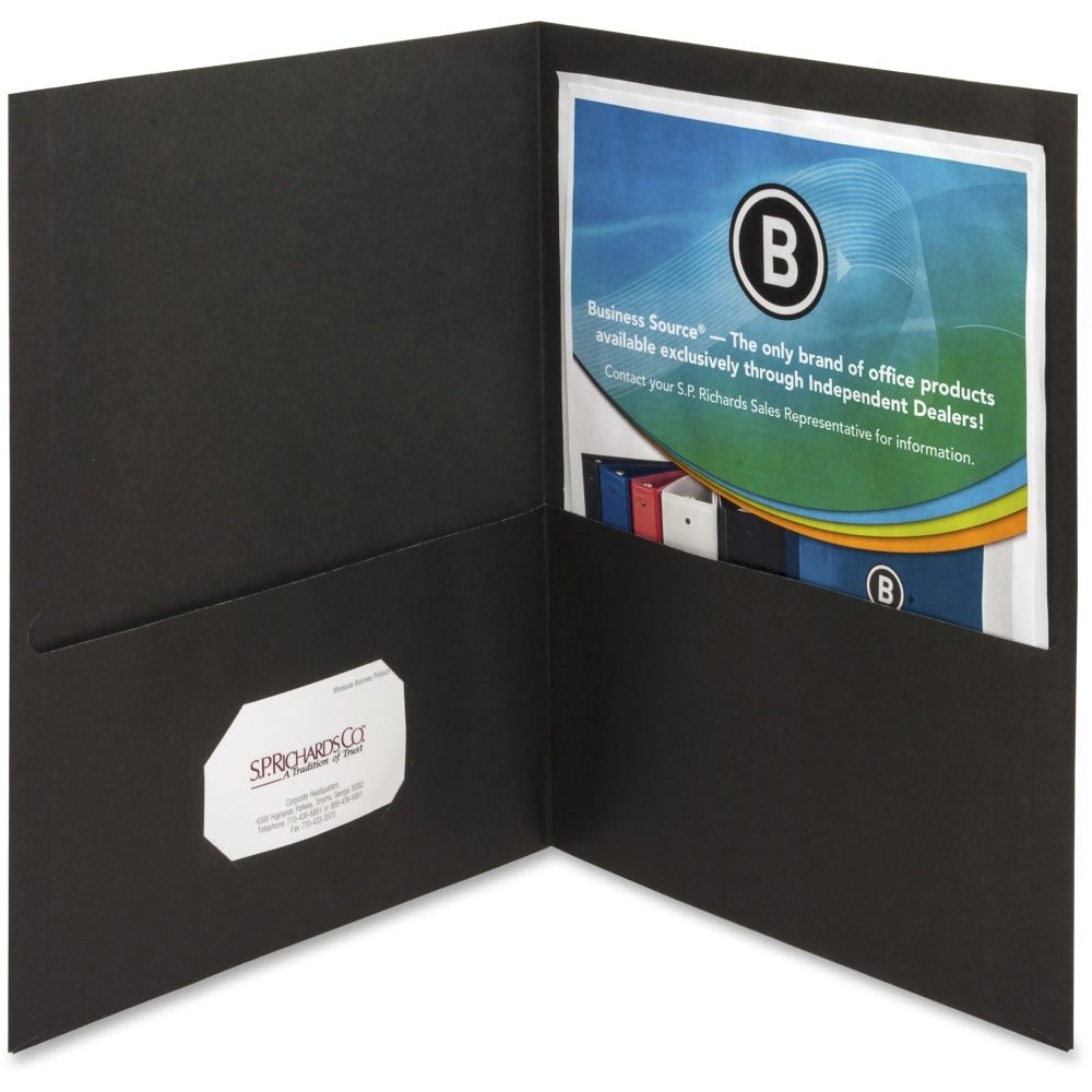 Business Source Letter Recycled Pocket Folder - 8 1/2in x 11in - 100 Sheet Capacity - 2 Inside Front & Back Pocket(s) - Paper - Black - 35% Recycled - 25 / Box