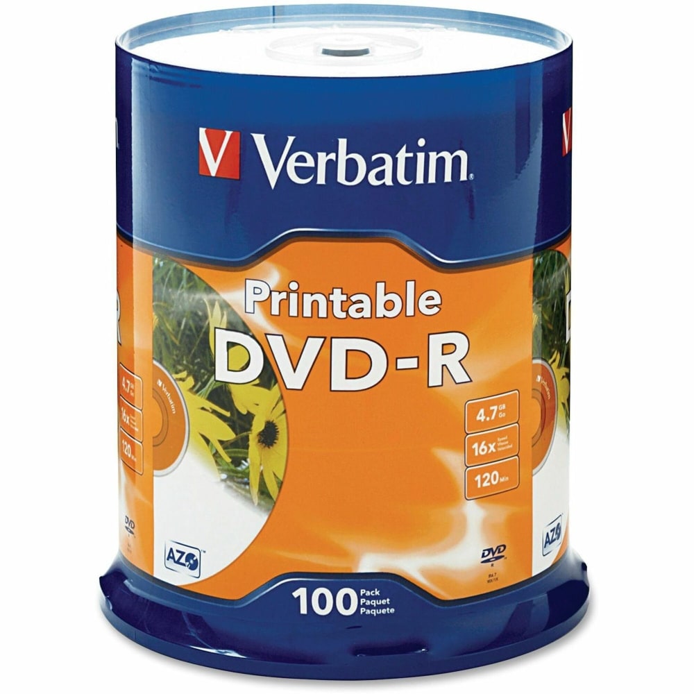 Verbatim Inkjet Printable DVD-R Spindle, White, Pack Of 100