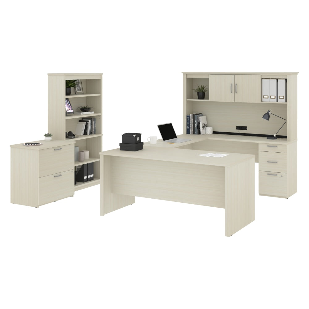 Bestar Logan U-Shaped Desk With Hutch, Lateral File Cabinet And Bookcase, White Chocolate