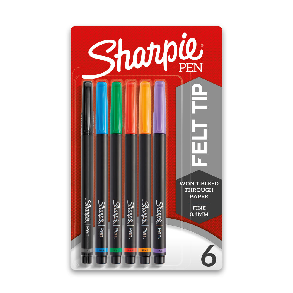 Sharpie Pens, Fine Point, 0.4 mm, Black Barrels, Assorted Ink Colors, Pack Of 6