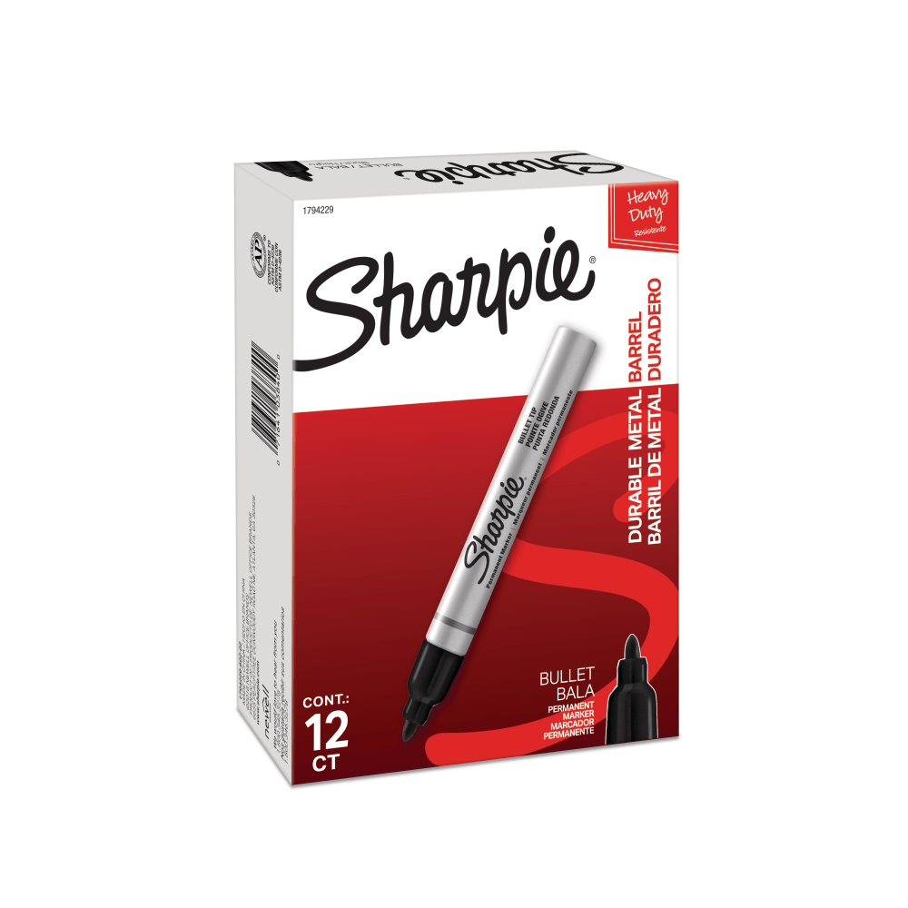 Sharpie Metal Barrel Permanent Markers, Bullet Tip, Black, 12 Count