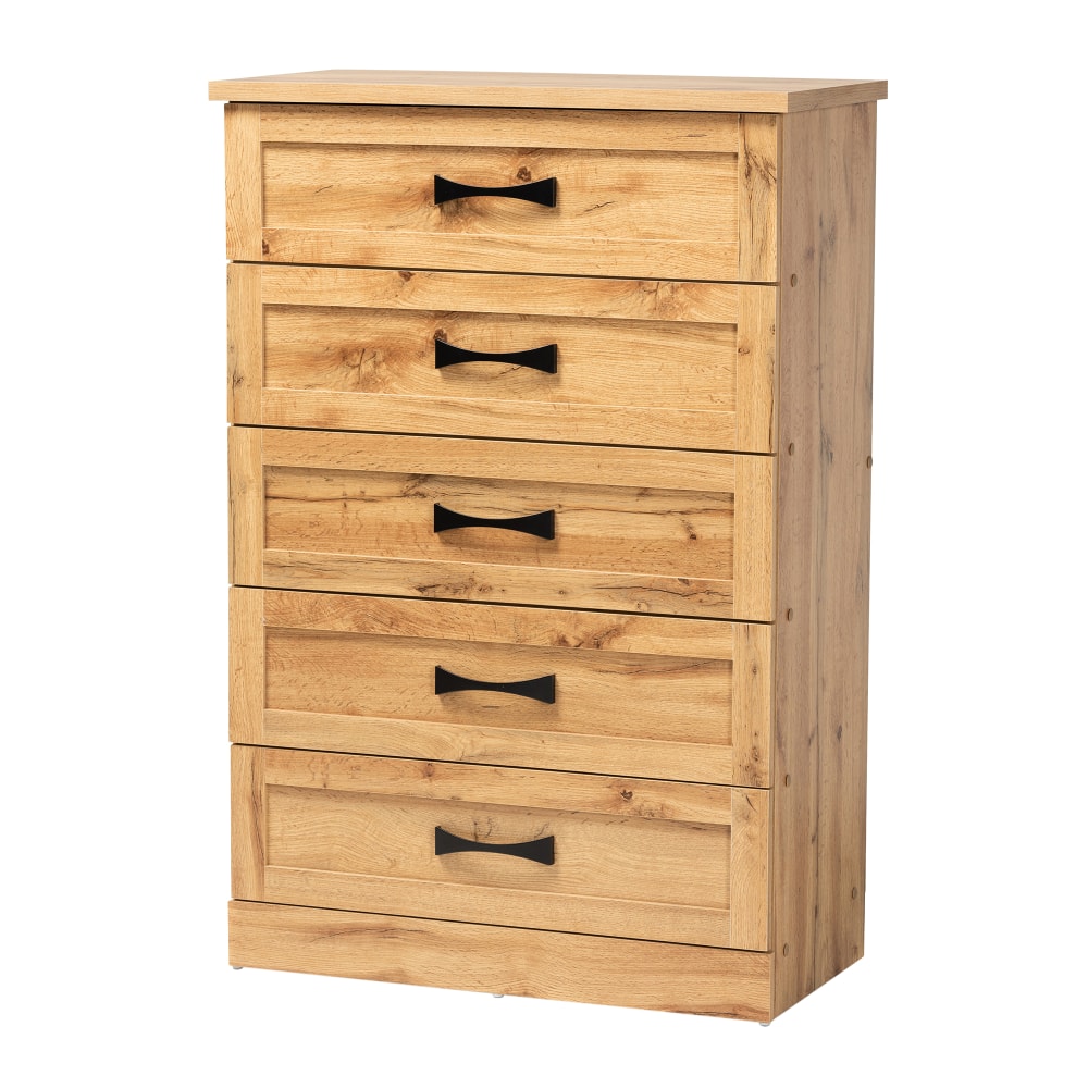 Baxton Studio Colburn 5-Drawer Tallboy Storage Chest, 46-7/16inH x 31-1/2inW x 15-3/4inD, Oak Brown