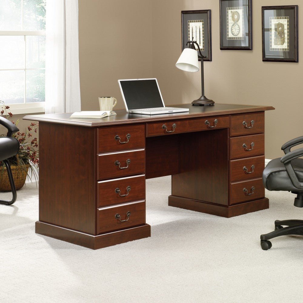 Sauder Heritage Hill 65inW Double-Pedestal Writing Desk, Classic Cherry