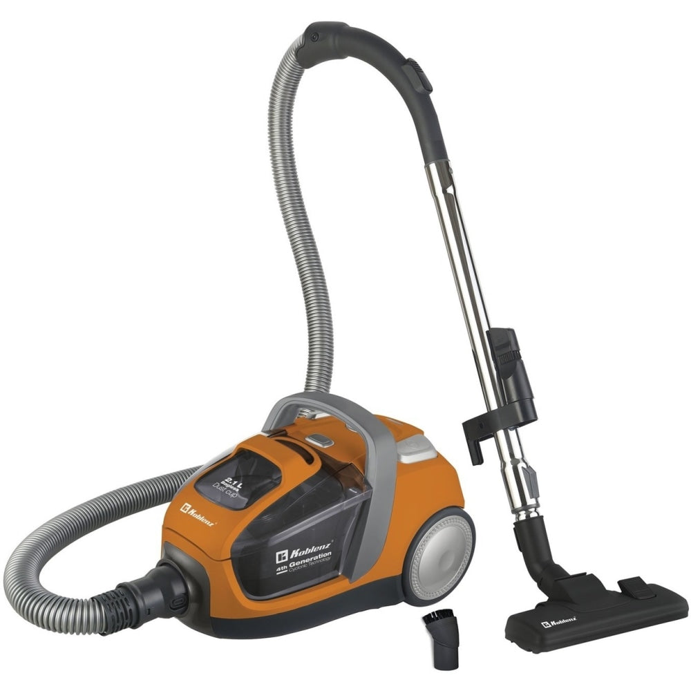 Koblenz Vacuum Alpha - 1400 W Motor - 2.22 quart - Bagless - Telescopic Wand, Combination Floor Nozzle, Crevice Tool, Dusting Brush - Rug - HEPA - Pet Hair Cleaning - Orange, Gray