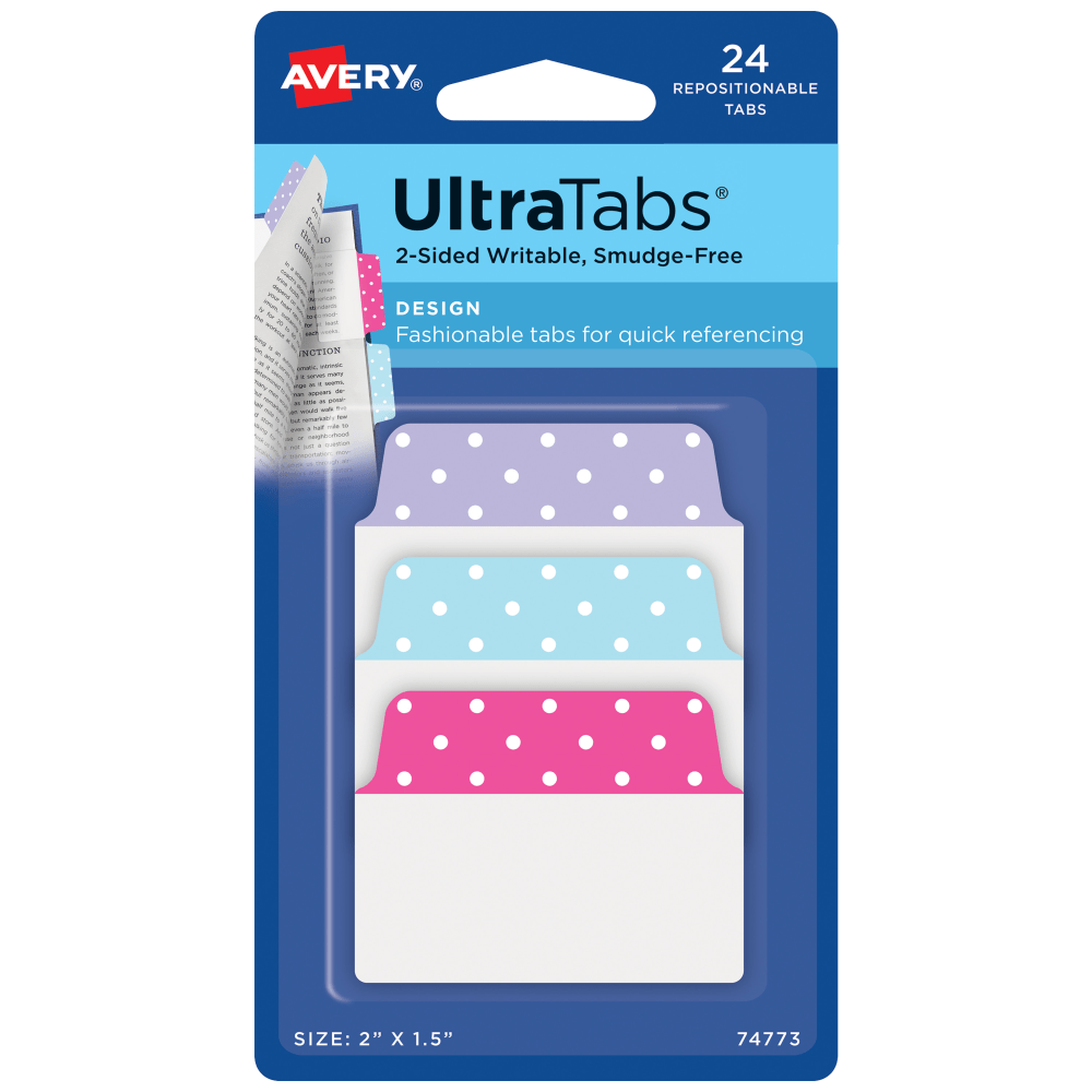 Avery Multiuse Ultra Tabs, 2-Side Writable, 2in x 1.5in, Pink/Blue/Purple, Pastel Dots, Pack Of 24 Repositionable Tabs