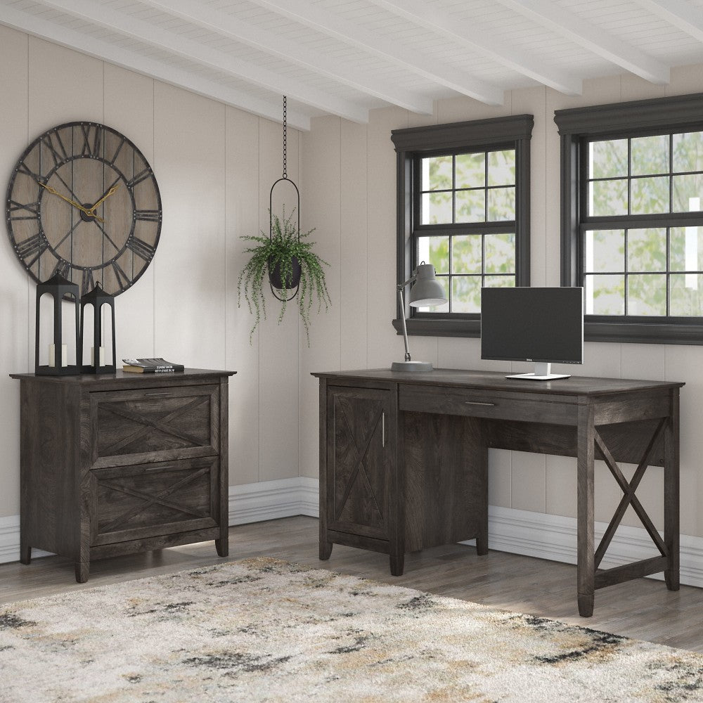 Bush Furniture Key West 54inW Computer Desk With Storage And 2-Drawer Lateral File Cabinet, Dark Gray Hickory, Standard Delivery