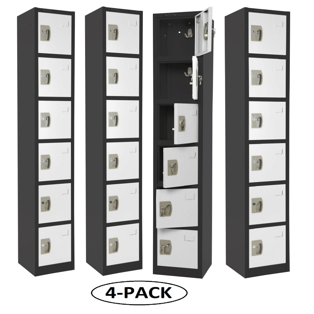 Alpine 6-Tier Steel Lockers, 72inH x 12inW x 12inD, Black/White, Pack Of 4 Lockers