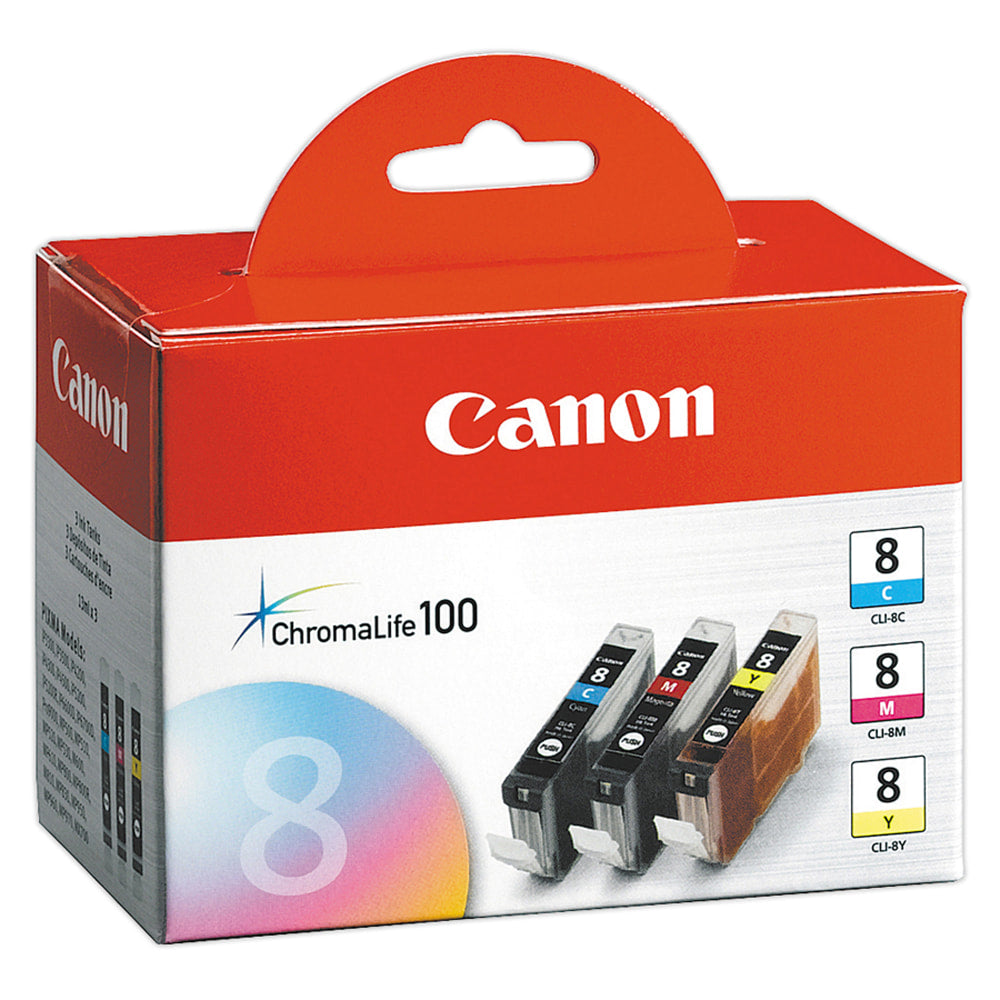 Canon CLI-8 ChromaLife 100 Cyan, Magenta, Yellow Ink Tanks, Pack Of 3, 0621B016