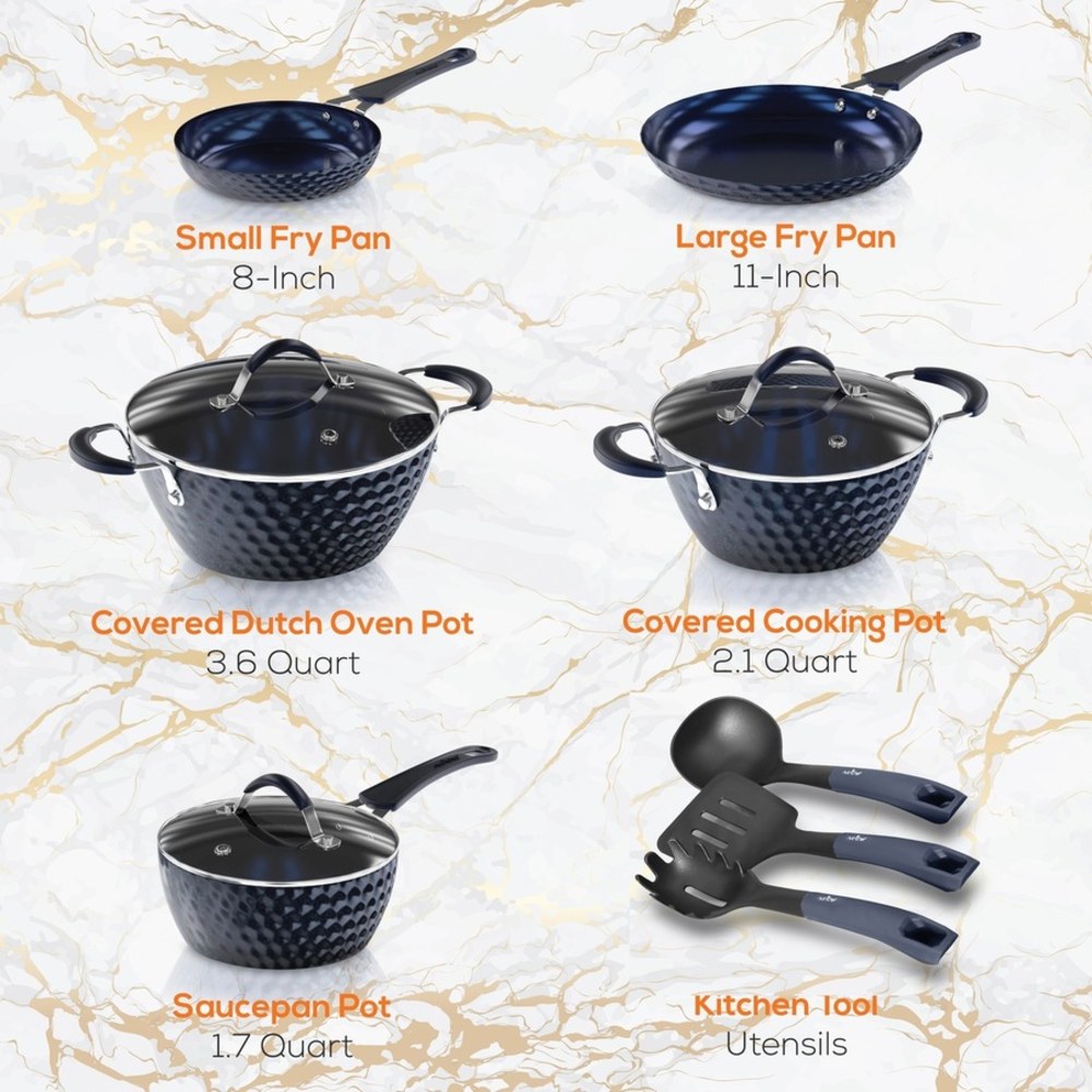 NutriChef Diamond Home Kitchen Cookware Set (Dark Blue) - 11 Pieces - Cooking, Frying, Sauce - 1.70 quart - 2nd Saucepan 3rd Saucepan - 8in Frying Pan - 11in 2nd Frying Pan - 3.60 quart Dutch Oven Griddle - Blue, Dark Blue