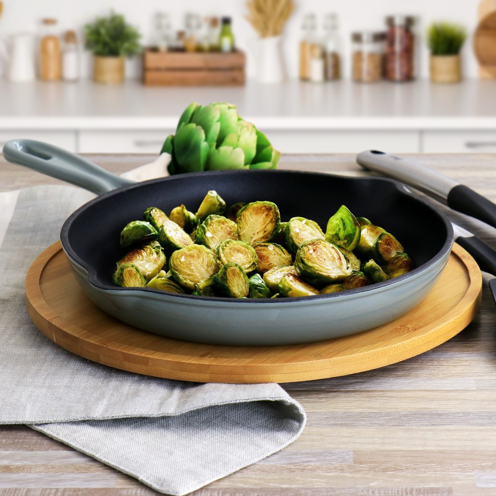 MegaChef Round 10-1/4in Enameled Cast Iron Skillet, Gray