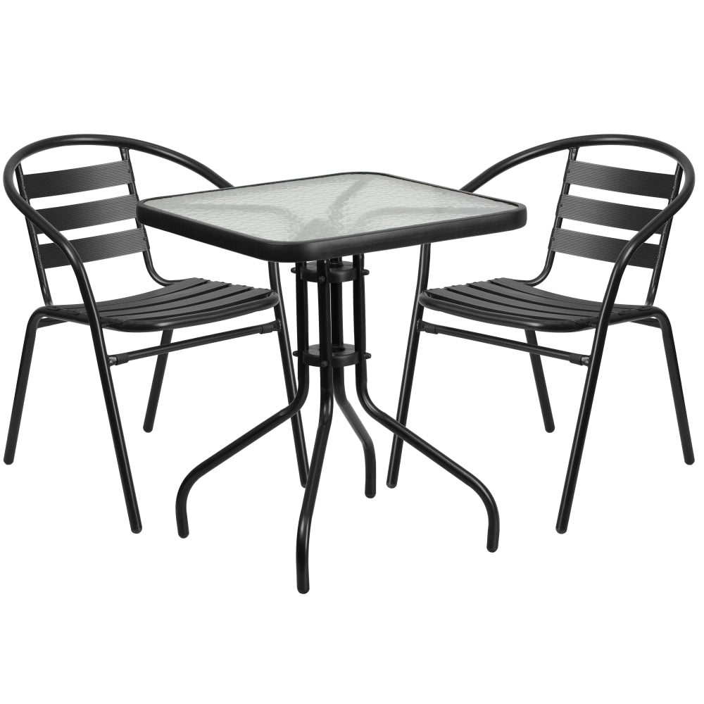 Flash Furniture Square Glass/Metal Table With 2 Slat-Back Stacking Chairs, 28in x 23-1/2in, Clear/Black