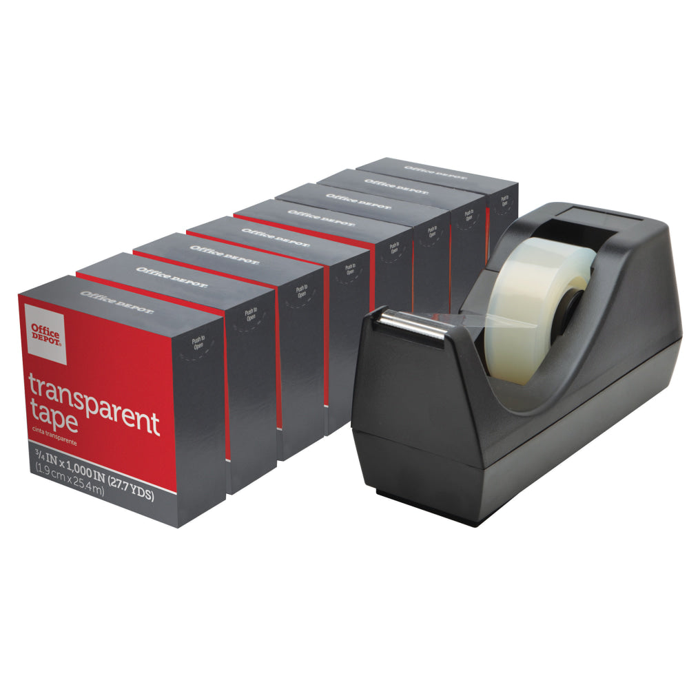 Office Depot Brand Desktop Tape Dispenser With 8 Transparent Tape Refill Rolls, Black