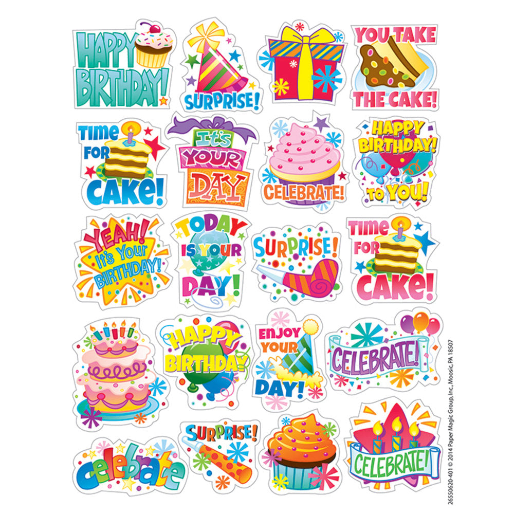 Eureka Theme Stickers, Birthday, 120 Stickers Per Pack, Set Of 12 Packs