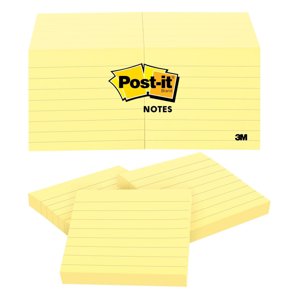 Post-it Notes, 3 in x 3 in, 12 Pads, 100 Sheets/Pad, Clean Removal, Canary Yellow, Lined