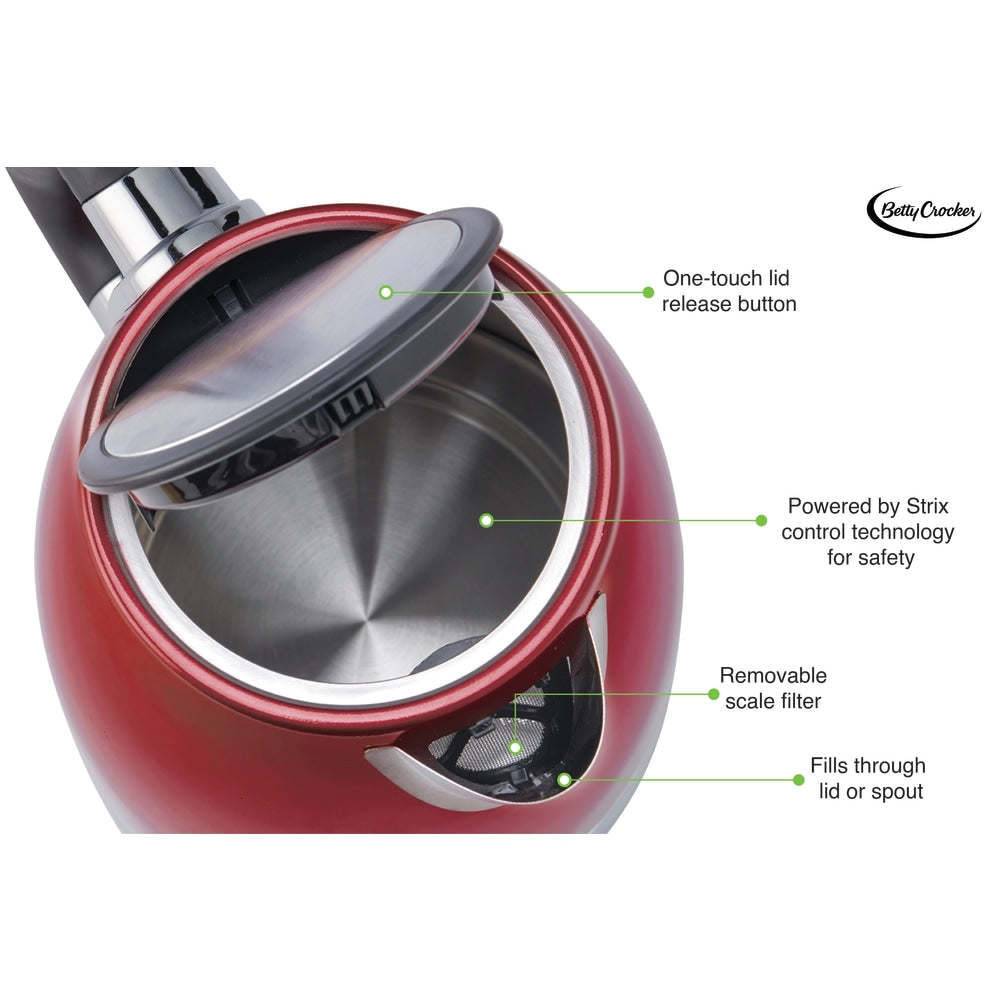 Betty Crocker 1.7L Cordless Jug Kettle, Red