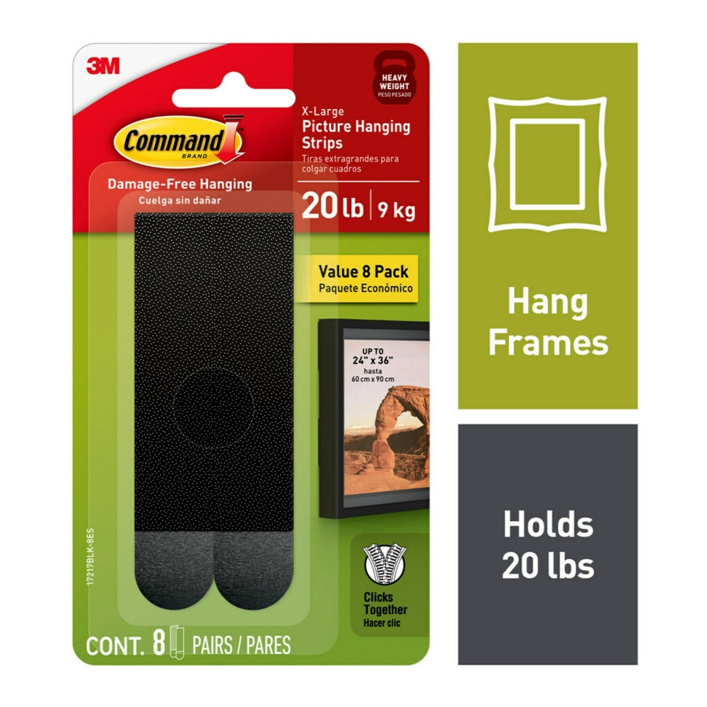 Command XL Picture Hanging Strips, 20 lb, Black, Pack Of 16 Strips