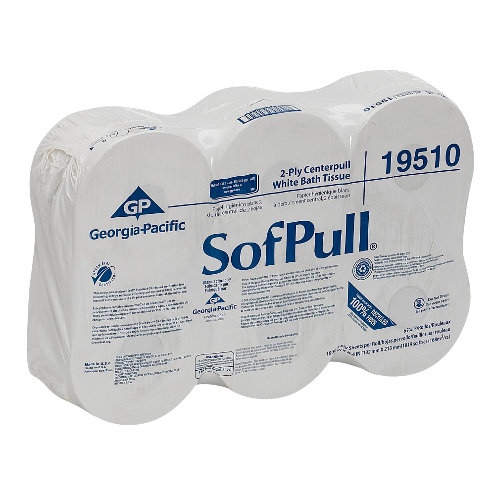 Georgia-Pacific SofPull Centerpull 2-Ply Toilet Paper, 1000 Sheets Per Roll, 100% Recycled, Pack Of 6 Rolls