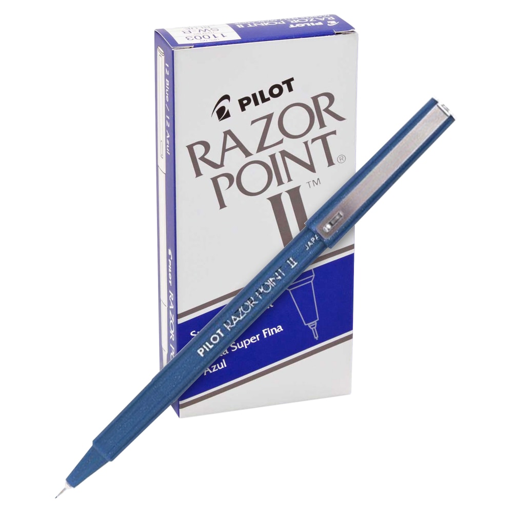 Pilot Razor Point II Markers, Super Fine Point, 0.3 mm, Blue Barrel, Blue Ink, Pack Of 12 Markers