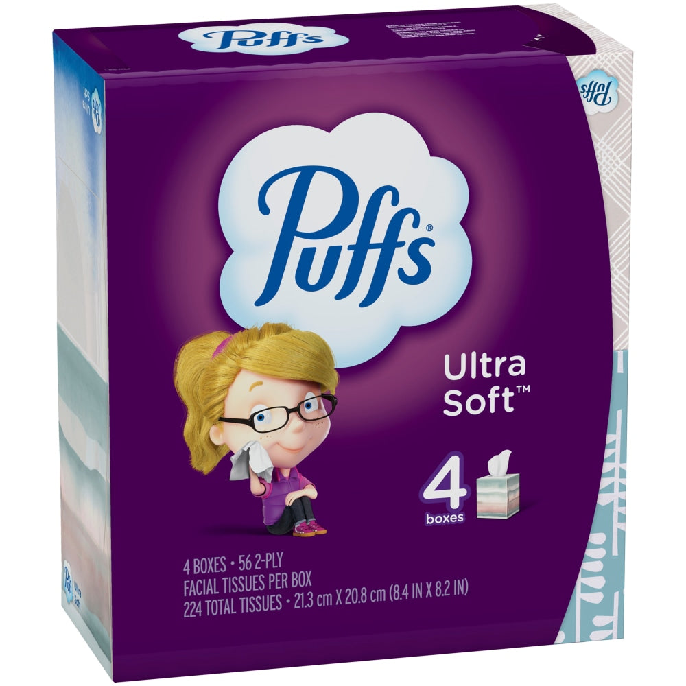 Puffs Ultra-Soft 2-Ply Facial Tissues, White, 56 Tissues Per Cube, Pack Of 4 Cubes