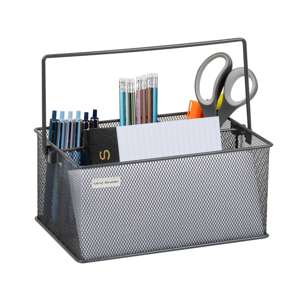 Mind Reader Network Collection 4-Compartment Utensil or Supply Caddy with Handle, 4-3/4inH x 7inW x 10inL, Grey