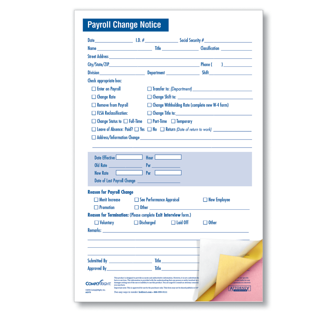 ComplyRight Payroll Change Notice Forms, Small, 3-Part, 5 1/2in x 8 1/2in, White, Pack Of 50