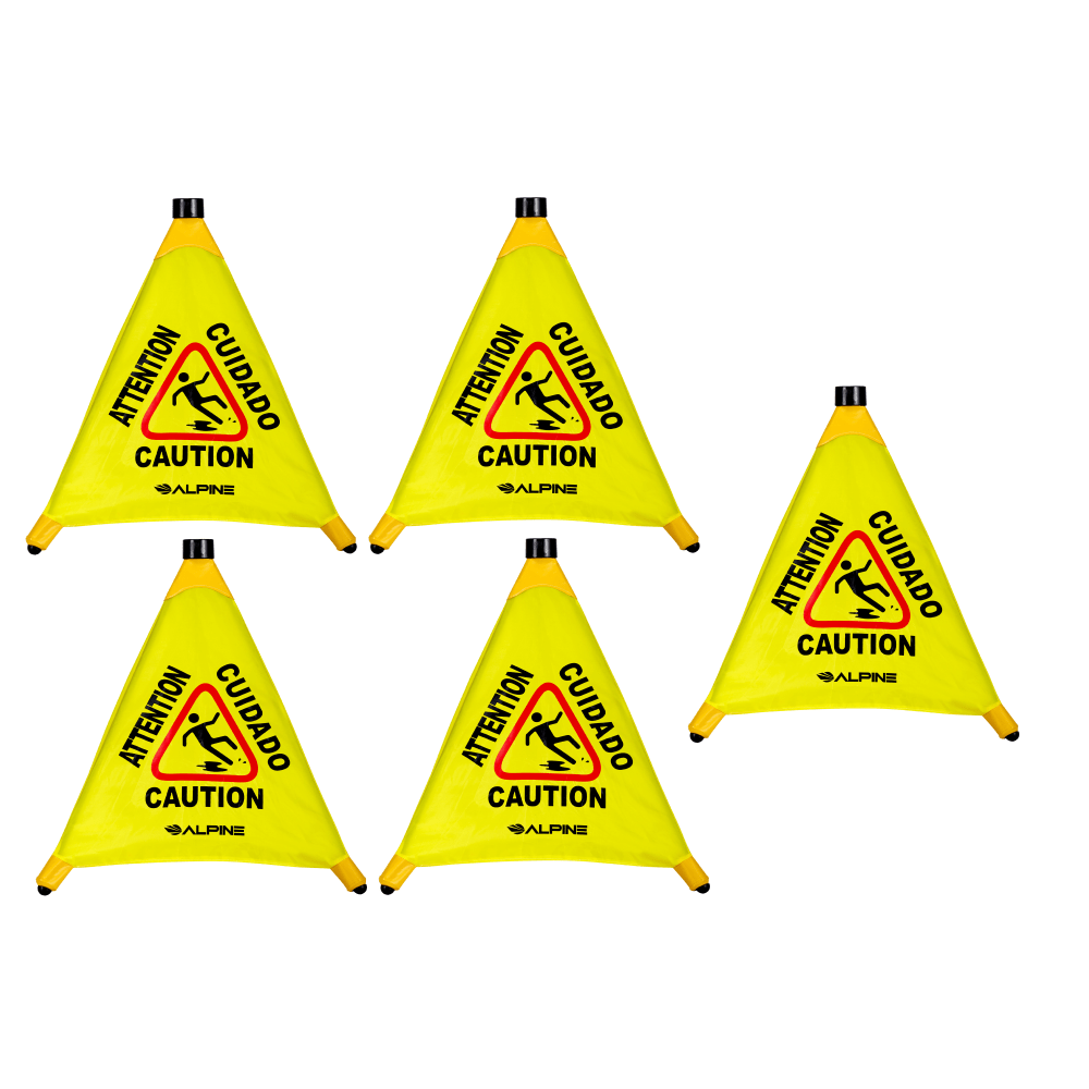 Alpine Industries Multilingual Pop-Up Wet Floor Signs, 22-1/4in x 3in, Yellow, Pack Of 5 Signs