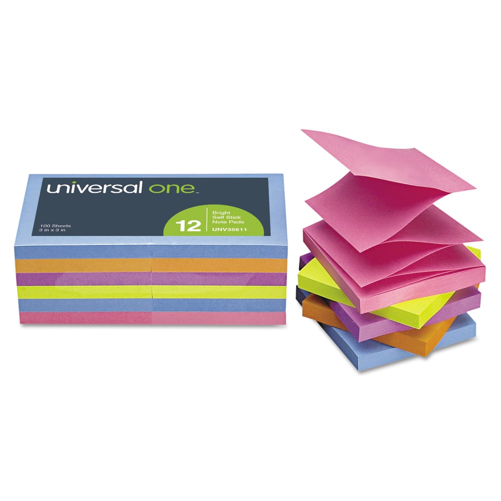 Universal Fan-Folded Pop-Up Notes, 3in x 3in, Assorted Bright Colors, 100 Sheets Per Pad, Pack Of 12 Pads