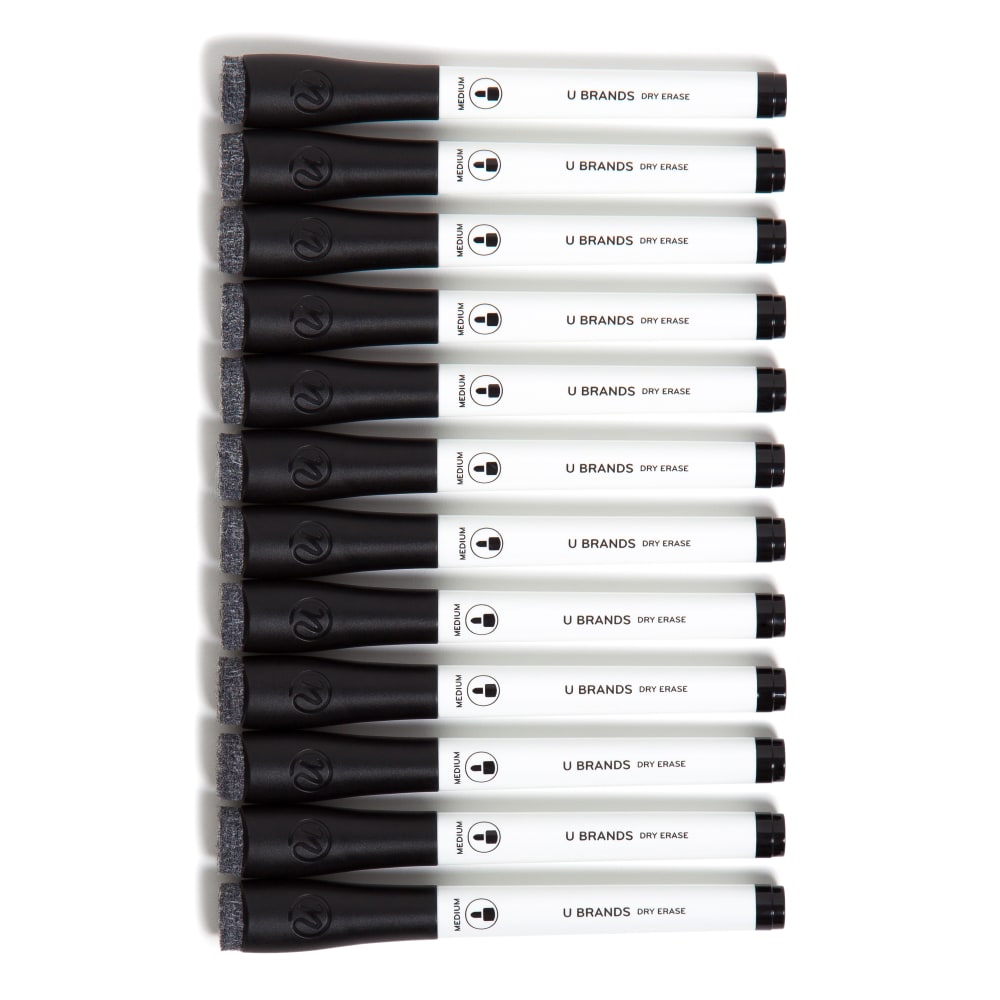 U Brands Low-Odor Dry-Erase Markers, Medium Point, Black, Pack Of 12 Markers