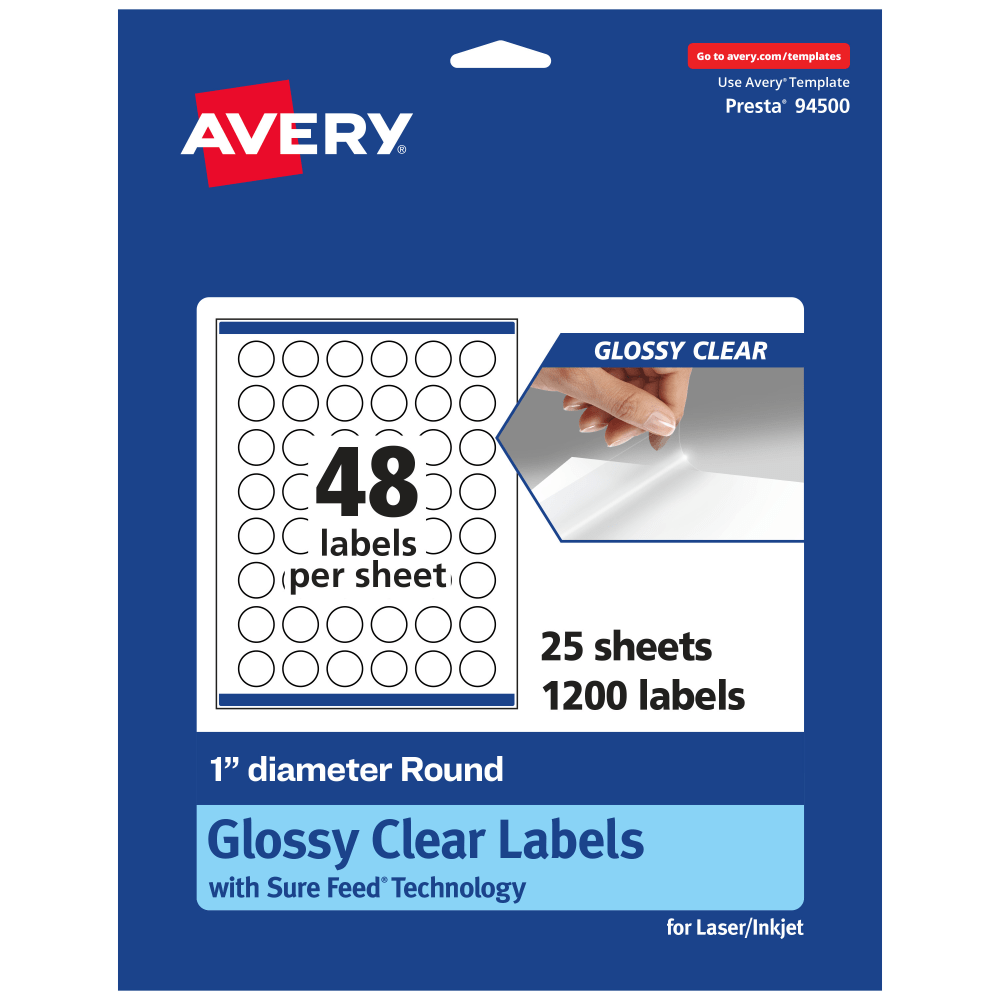 Avery Glossy Permanent Labels With Sure Feed, 94500-CGF25, Round, 1in Diameter, Clear, Pack Of 1,200