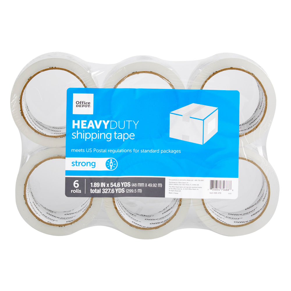 Office Depot Brand Heavy Duty Shipping Packing Tape, 1.89in x 54.6 Yd., Crystal Clear, Pack Of 6 Rolls