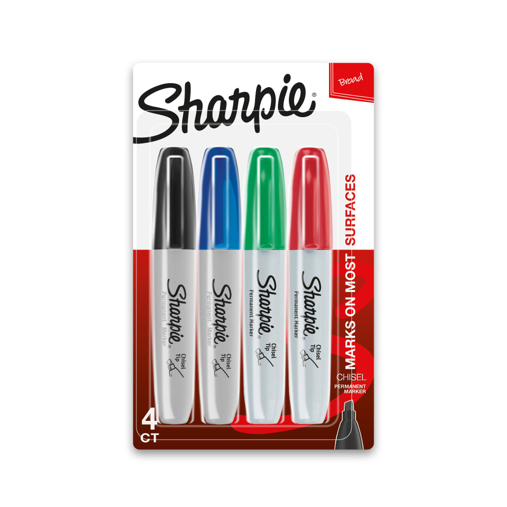 Sharpie Permanent Markers, Chisel Tip, Assorted Ink Colors, Pack Of 4 Markers