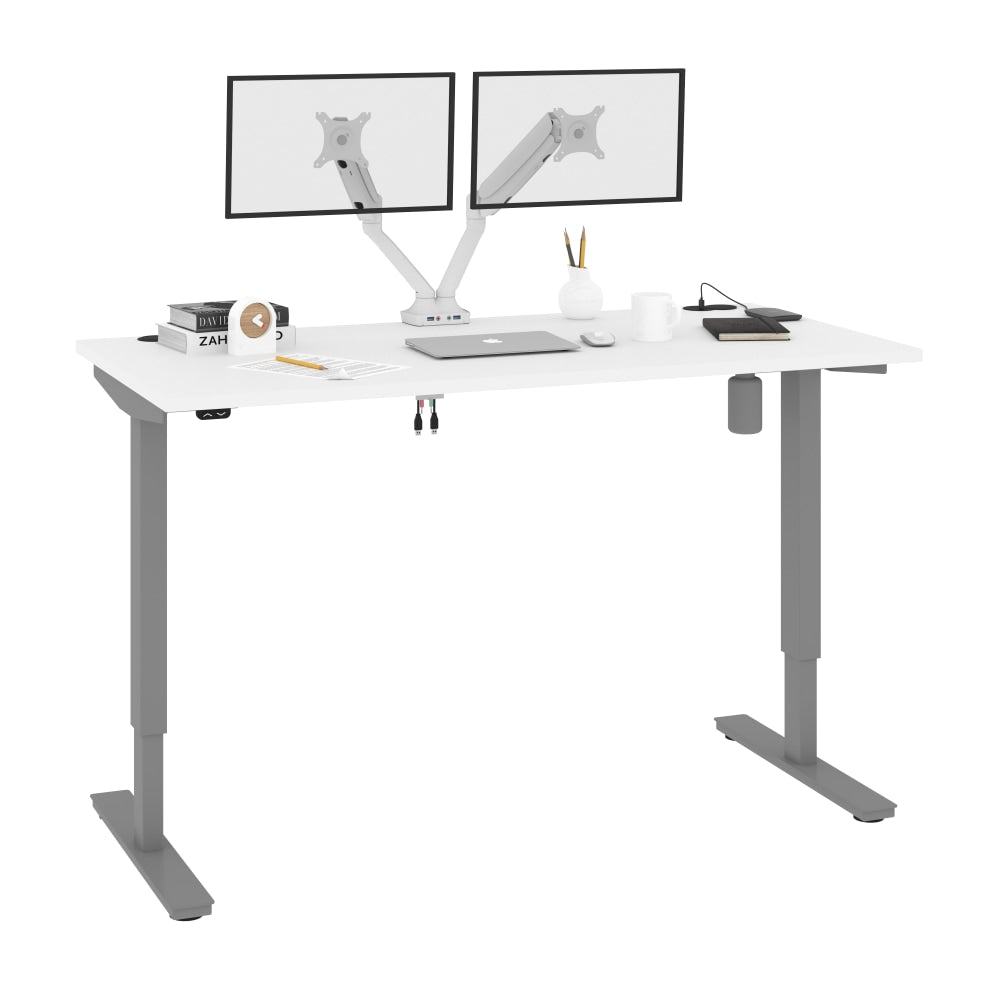 Bestar Upstand Electric 60inW Standing Desk With Dual Monitor Arm, White