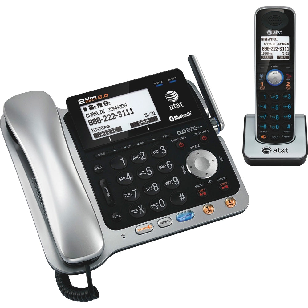 AT&T TL86109 DECT 6.0 Digital 2-Line Corded/Cordless Phone With Digital Answering System, Silver/Black