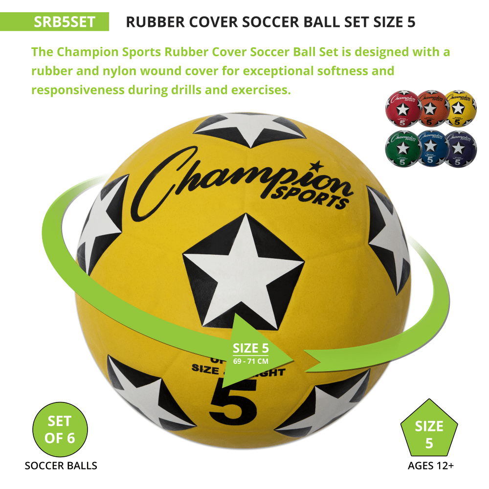 Champion Sports Rubber Cover Soccer Ball Set, Size 5, Set Of 6 Balls