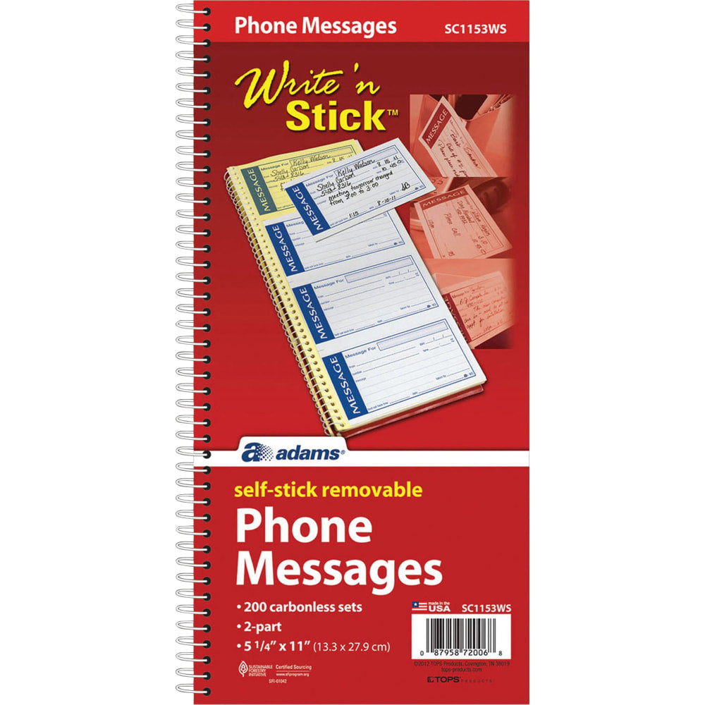 Adams Write n Stick Phone Message Book, 11in x 5 1/4in, 200 Messages, Canary/White