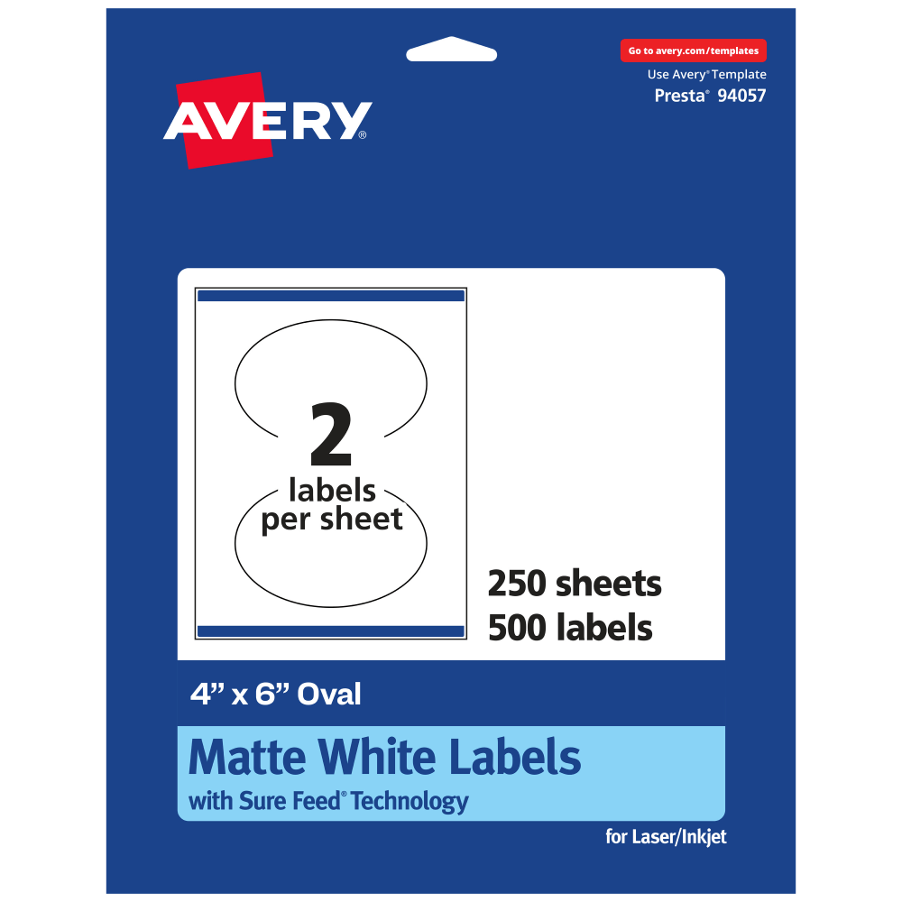 Avery Permanent Labels With Sure Feed, 94057-WMP250, Oval, 4in x 6in, White, Pack Of 500