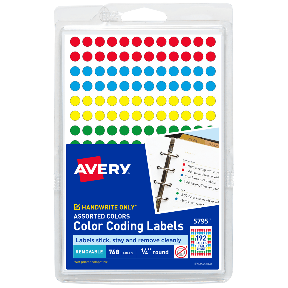 Avery Color-Coding Removable Labels, 5795, Round, 1/4 Inch Diameter, Assorted Colors, Pack Of 768 Non-Printable Dot Stickers