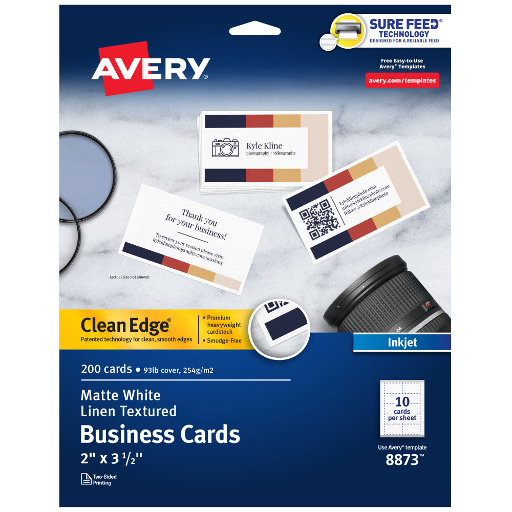 Avery Clean Edge Printable Business Cards With Sure Feed Technology For Inkjet Printers, 2in x 3-1/2in, White Linen Textured, Pack Of 200 Blank Cards