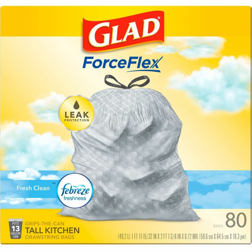 Glad ForceFlex Tall Kitchen Drawstring Trash Bags With Febreze Freshness, 13 Gallon, White, 80 Per Box, Carton Of 3 Boxes