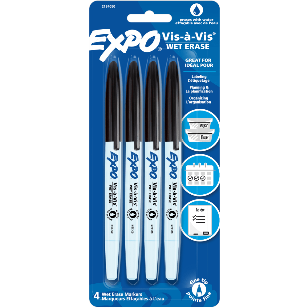 Expo Vis-A-Vis Wet-Erase Fine-Tip Markers, Gray Barrel, Black Ink, Set Of 4 Markers