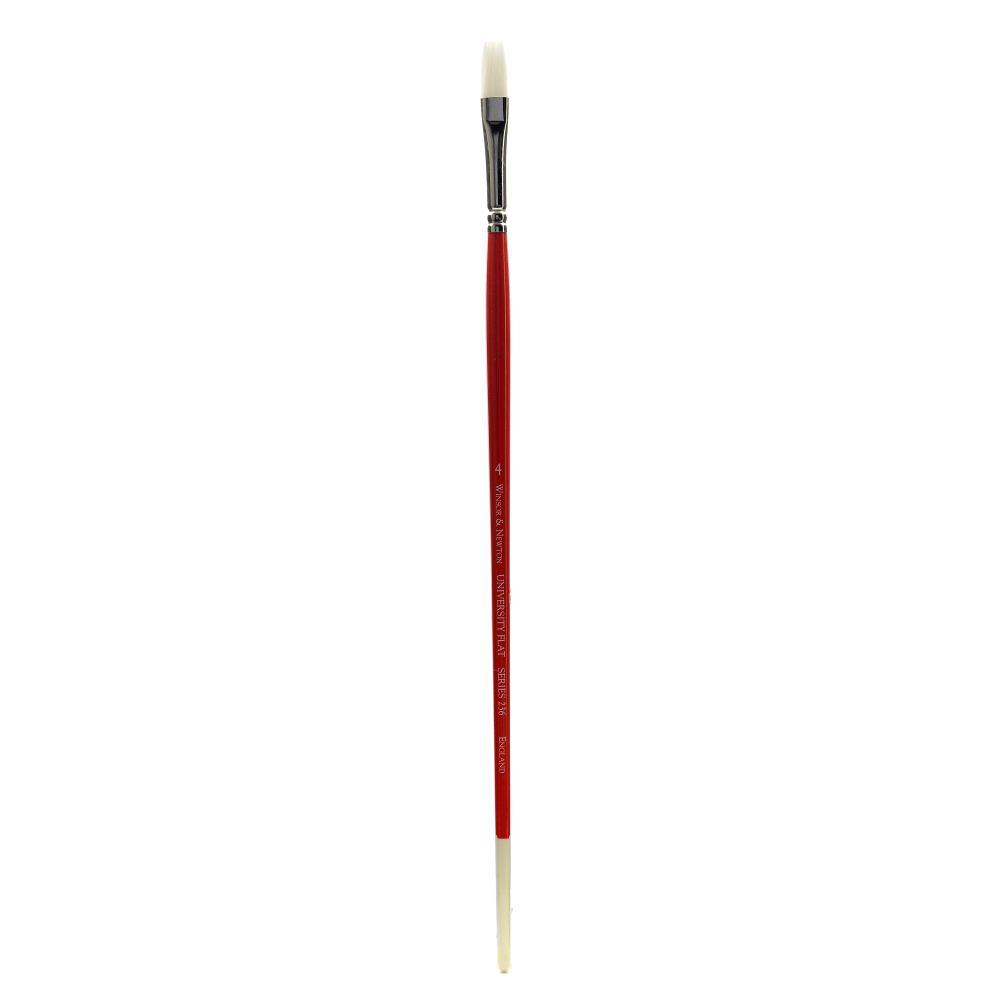 Winsor & Newton University Series Long-Handle Paint Brush 236, Size 4, Flat Bristle, Red