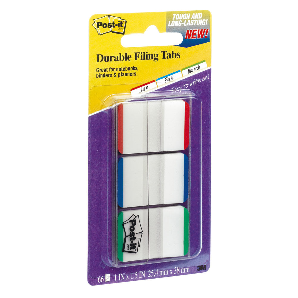 Post-it Durable Tabs, 1in x 1 1/2in, Blue/Green/Red Color Bars, 22 Flags Per Pad, Pack Of 3 Pads