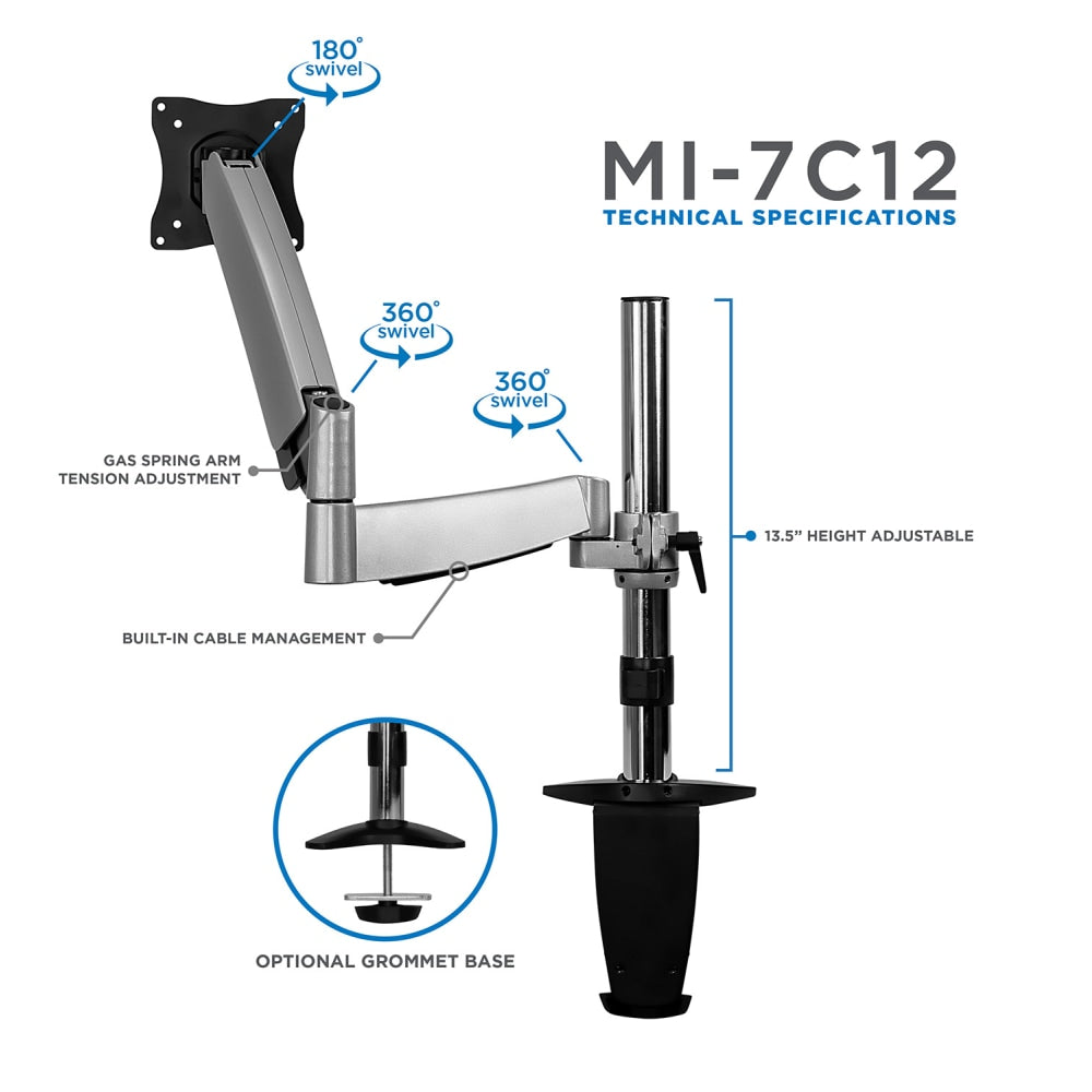 Mount-It! MI-7C12 Computer Monitor Arm, 19inH x 10inW x 5inD, Silver